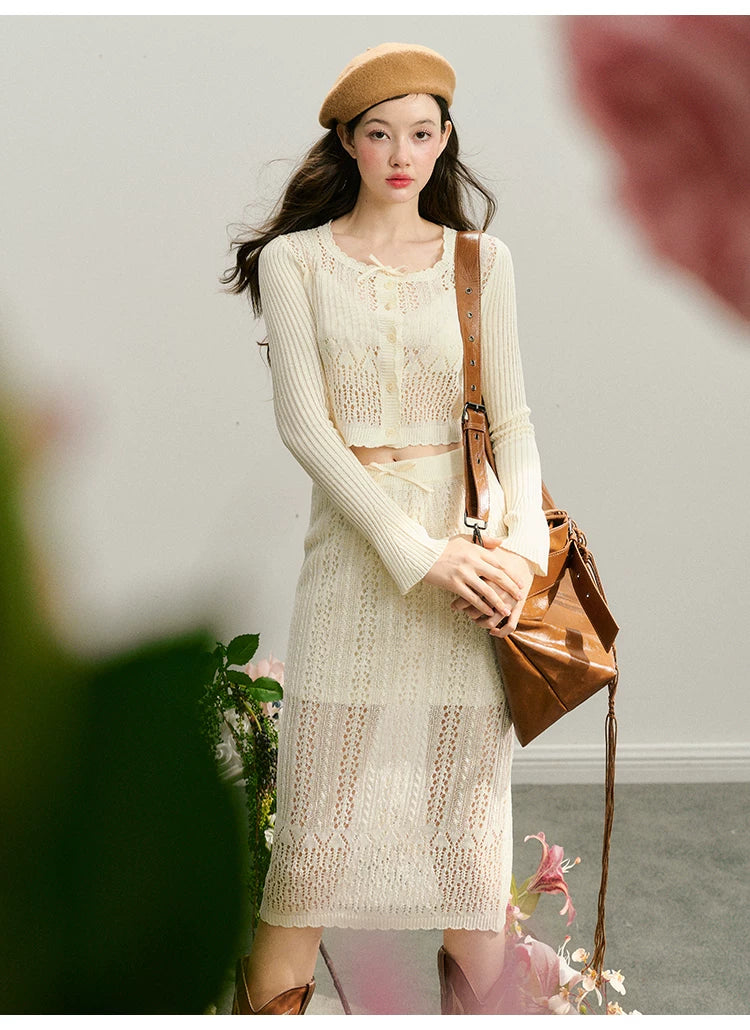 Hollow Out Button Knit Cardigan & Half Skirt Setup
