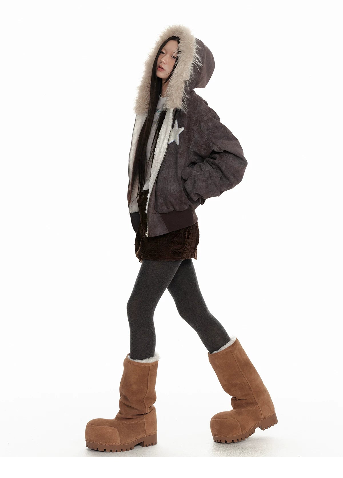 Fur Trim Patchwork Hooded Puffer Jacket