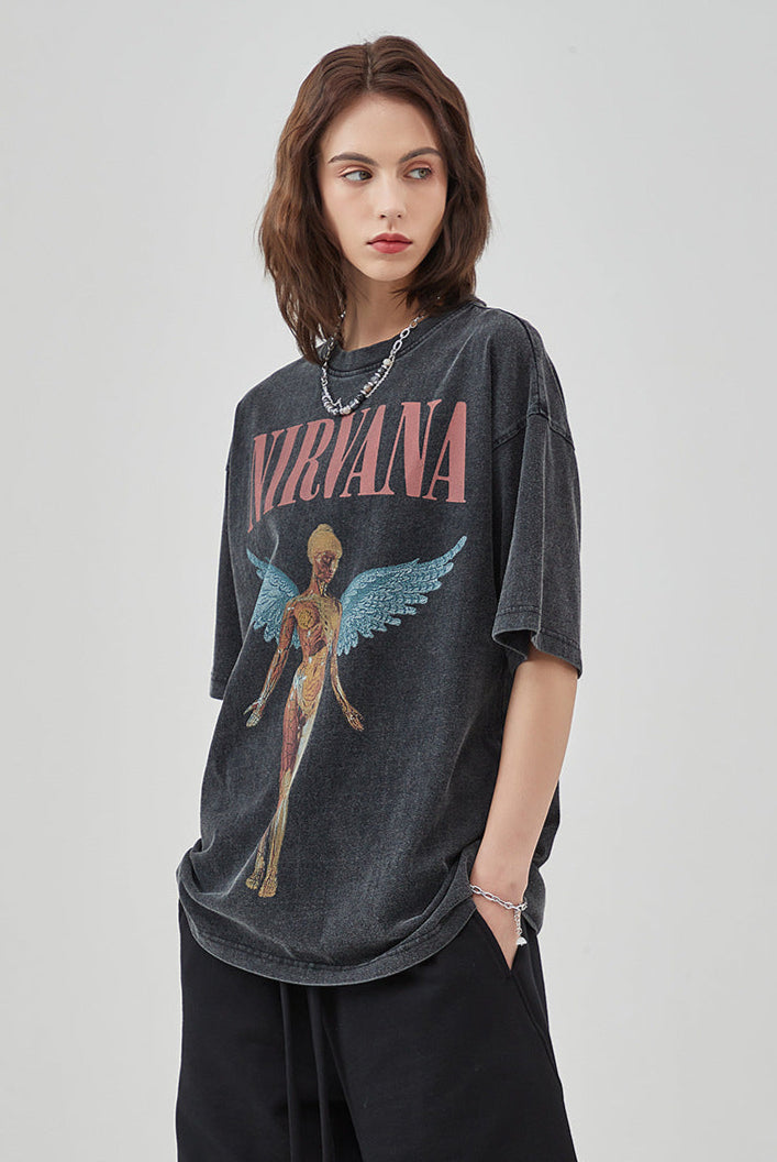 T-shirt rétro à manches courtes imprimé Nirvana