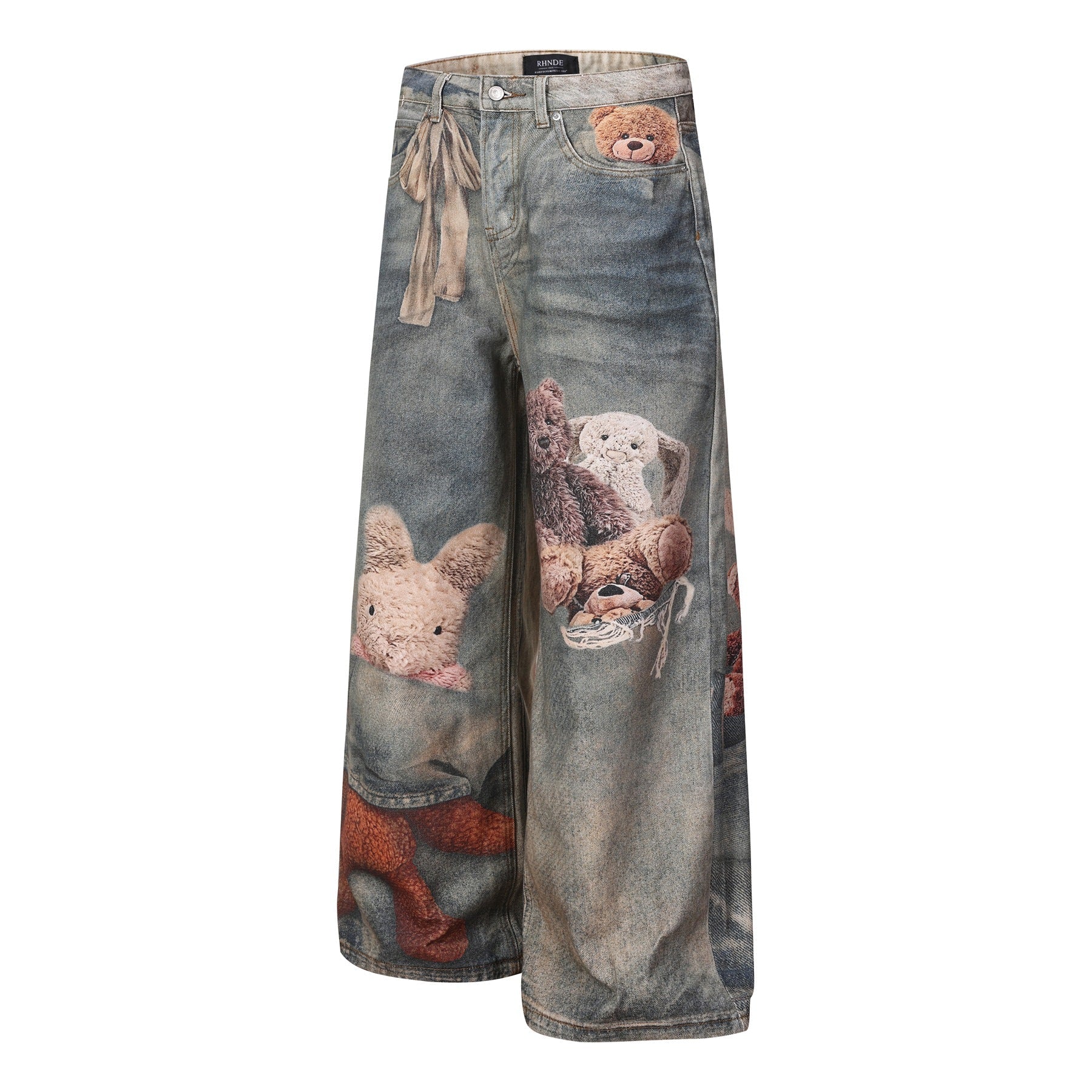 Washed 3D Graphic Print Wide Leg Denim Jeans