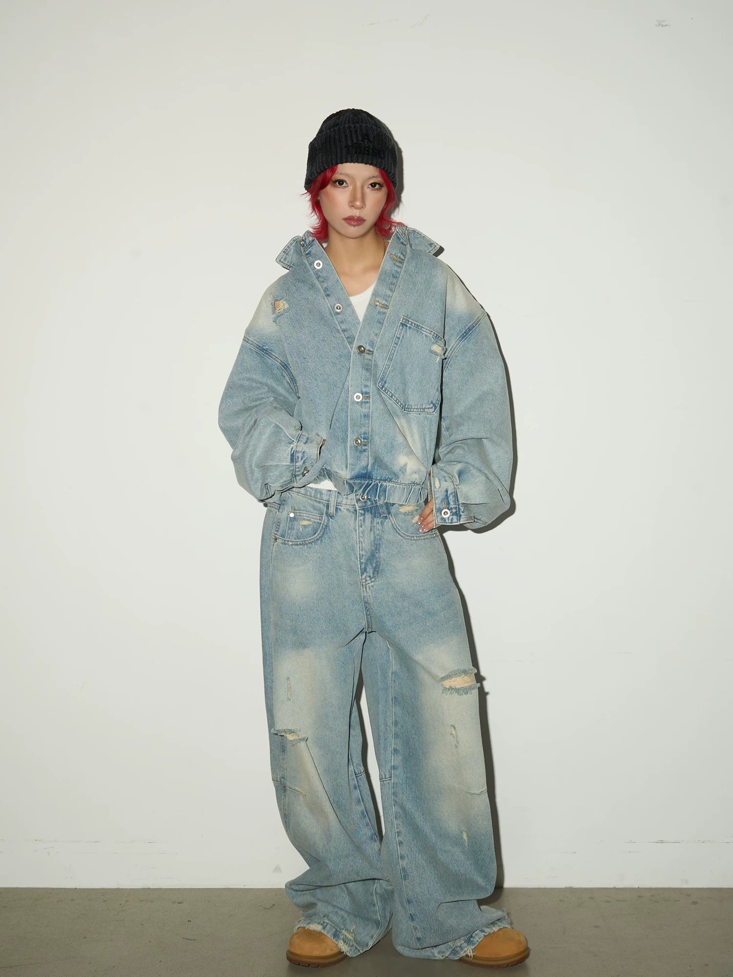 Ripped Damage Denim Jacket &wide Leg Denim Jeans Setup