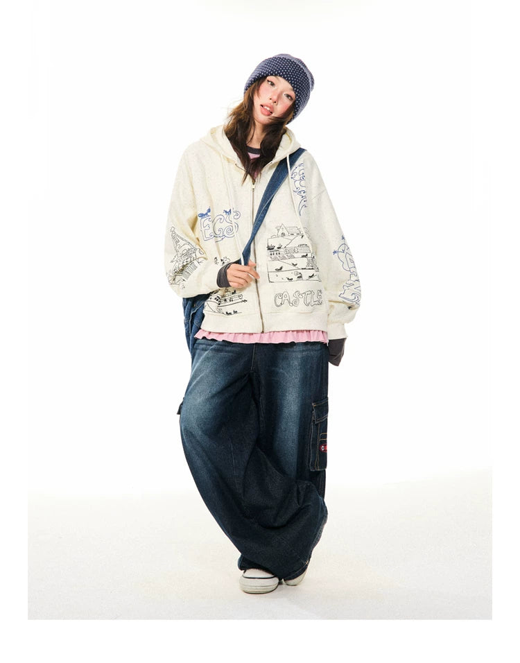 Graphic Print Oversize Zipper Hoodie