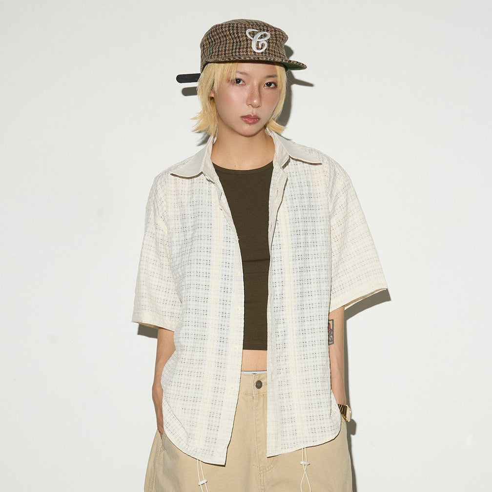 Ruffle Sheer Check Drawstring Hollow Short Sleeve Shirt