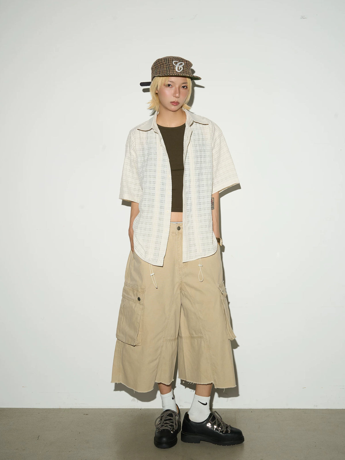 Ruffle Sheer Check Drawstring Hollow Short Sleeve Shirt