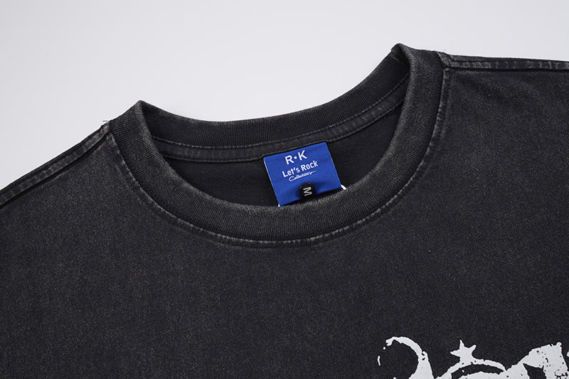 Washed Portrait Letter Print Short Sleeve T-Shirt