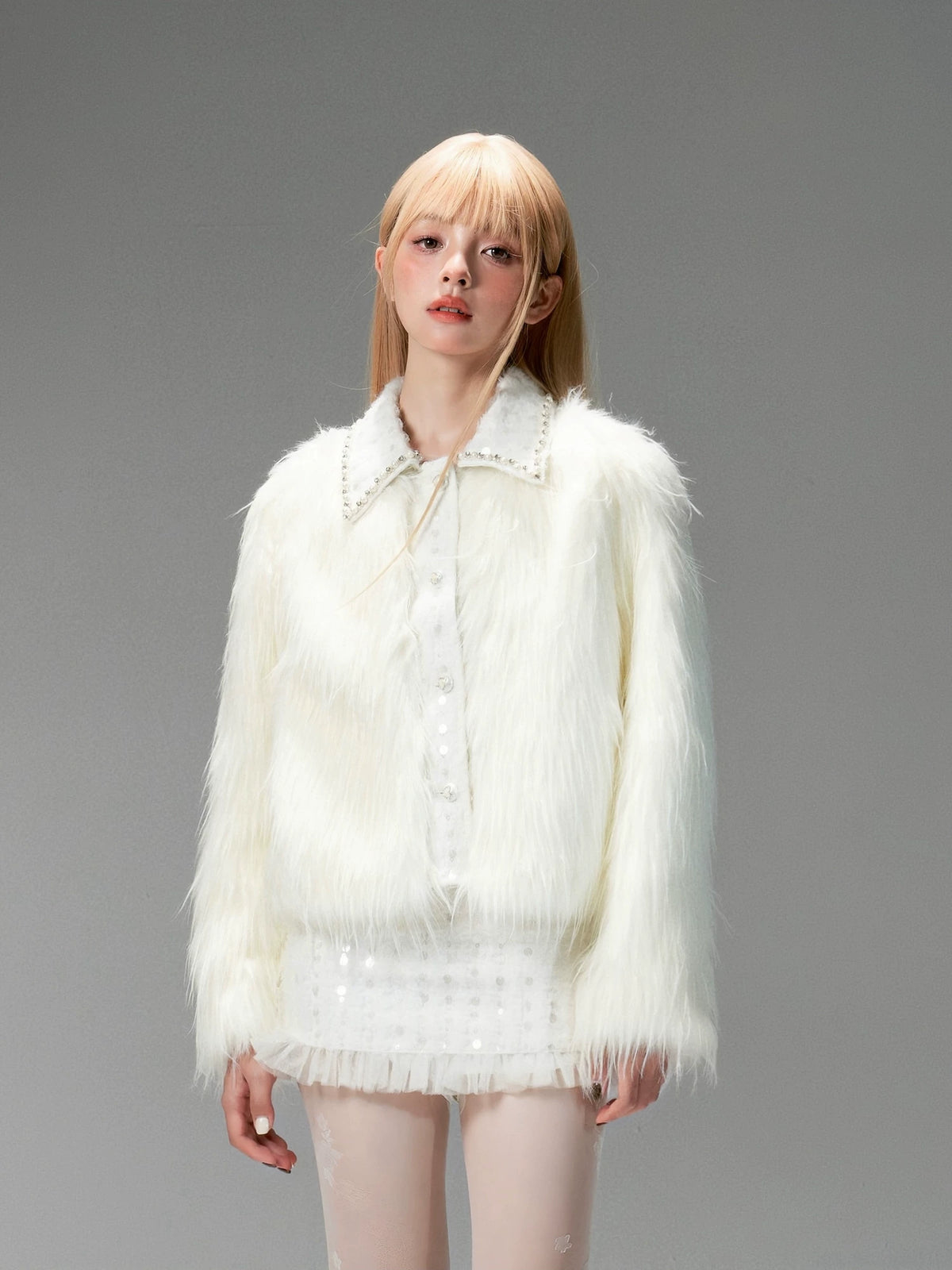 Eco Fur Warm Jacket & Short Skirt & Long Skirt Setup