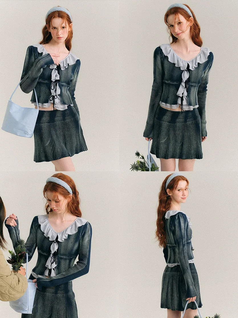 Frill Knit Cardigan & Short Rib Knit Skirt Setup