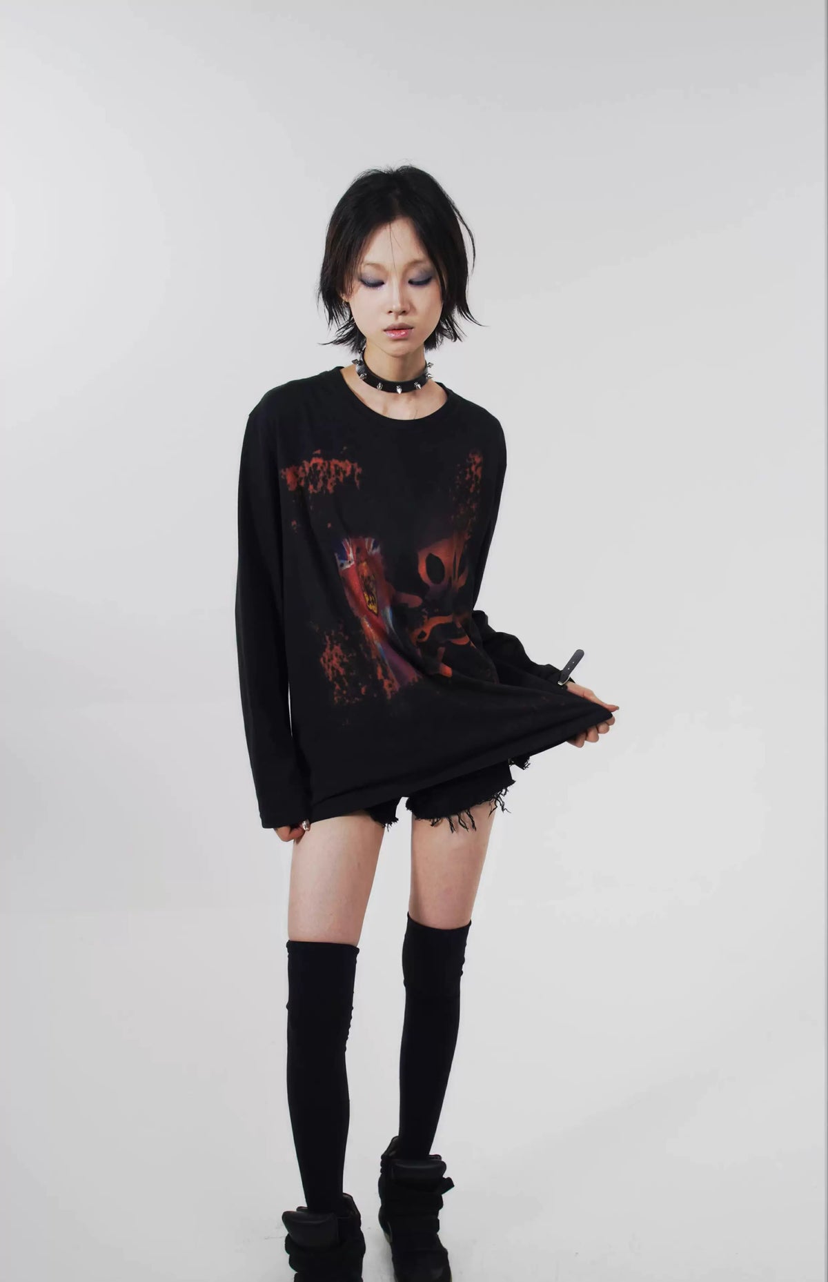 Skull Metal Print Long Sleeve T-Shirt