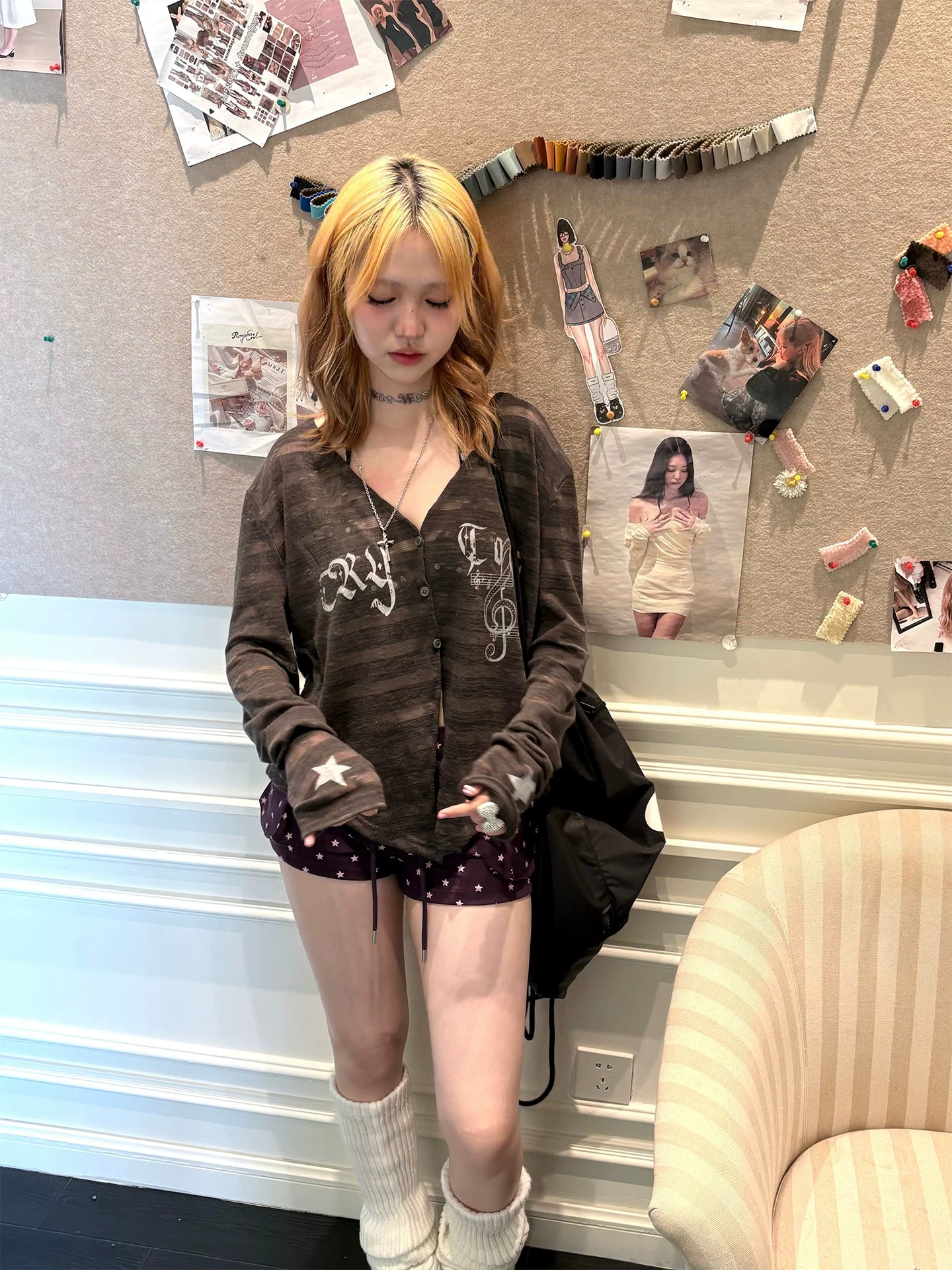 Striped Note Print Star Print Cardigan