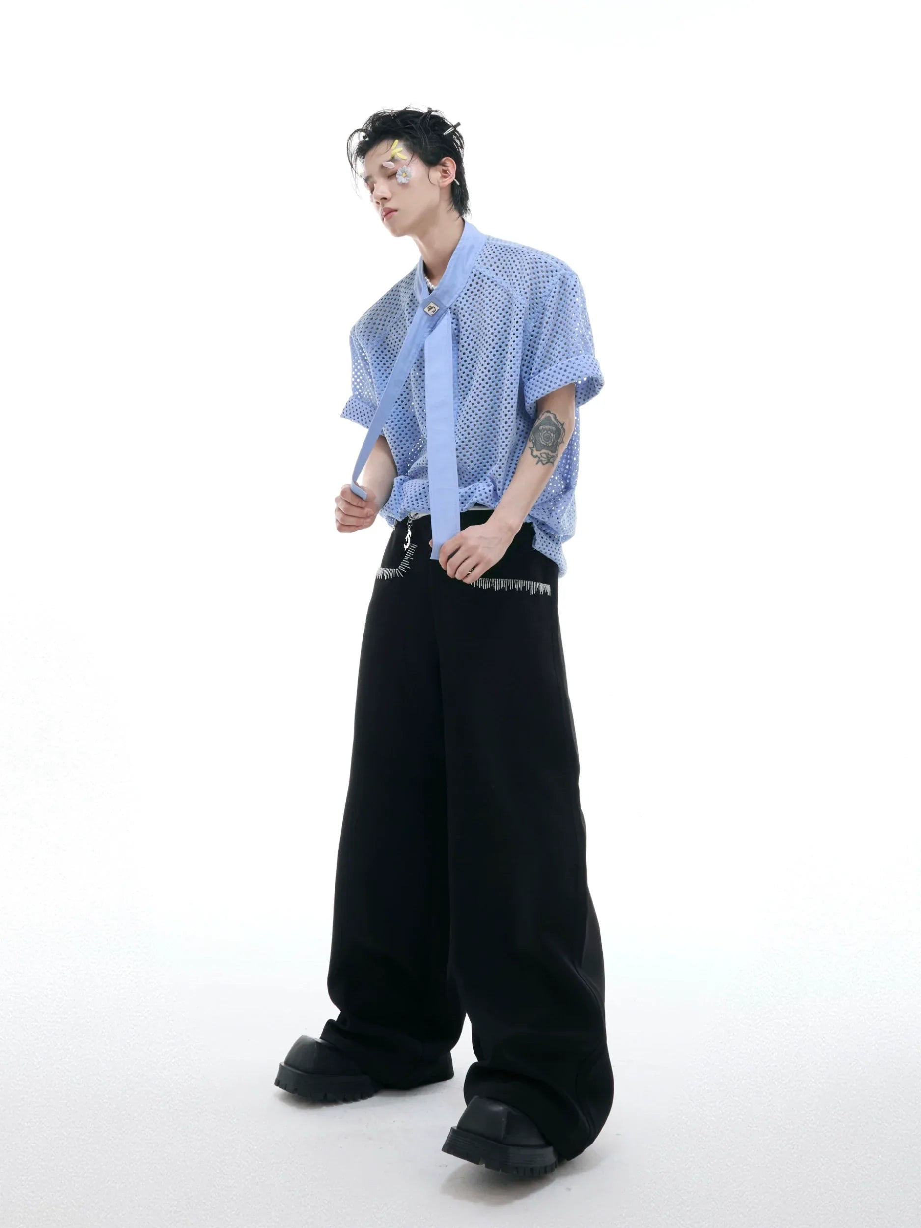 Knit Mesh Necktie Patchwork Short Sleeve Shirt