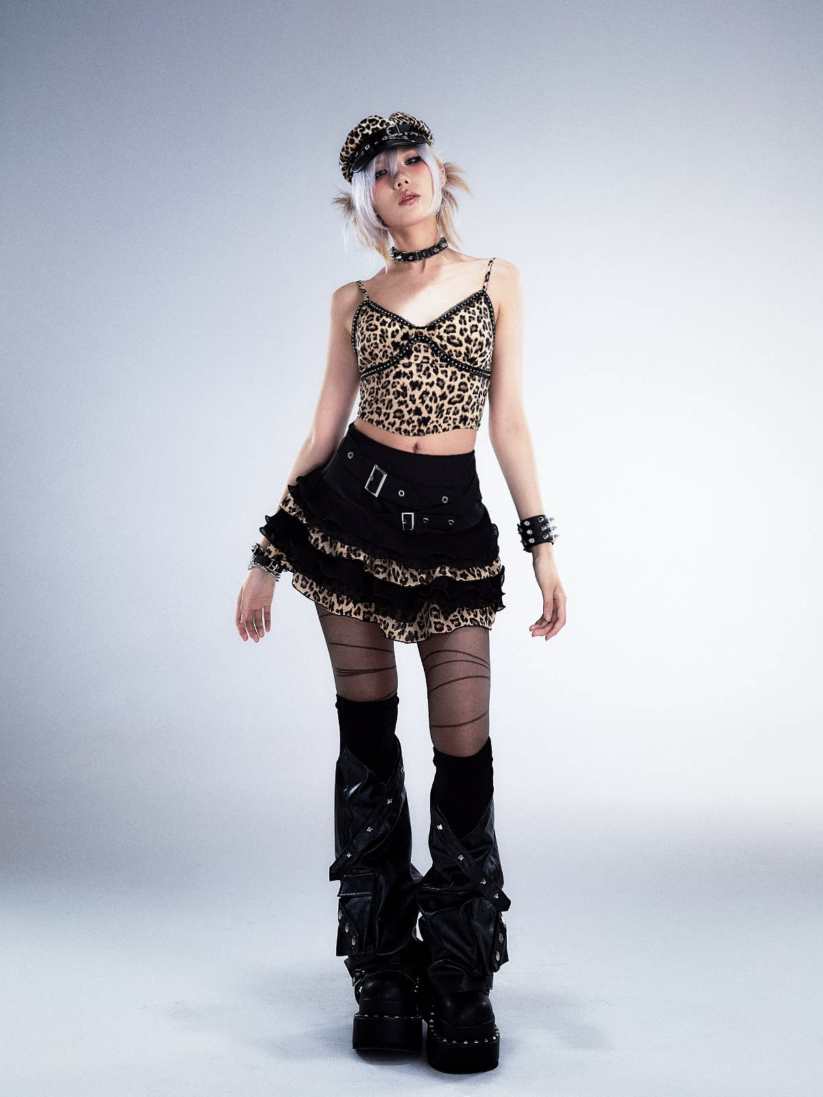 Leopard Patchwork Belted Tiered A-Line Skirt