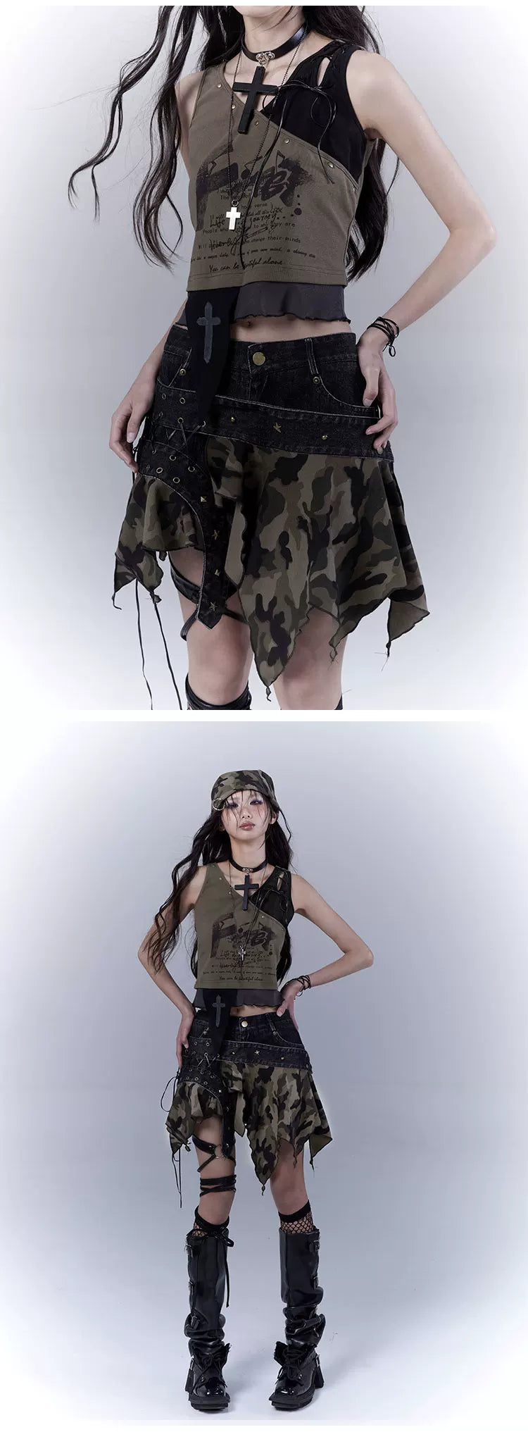 Original Design Damage Camouflage Lace-Up Short Denim Skirt