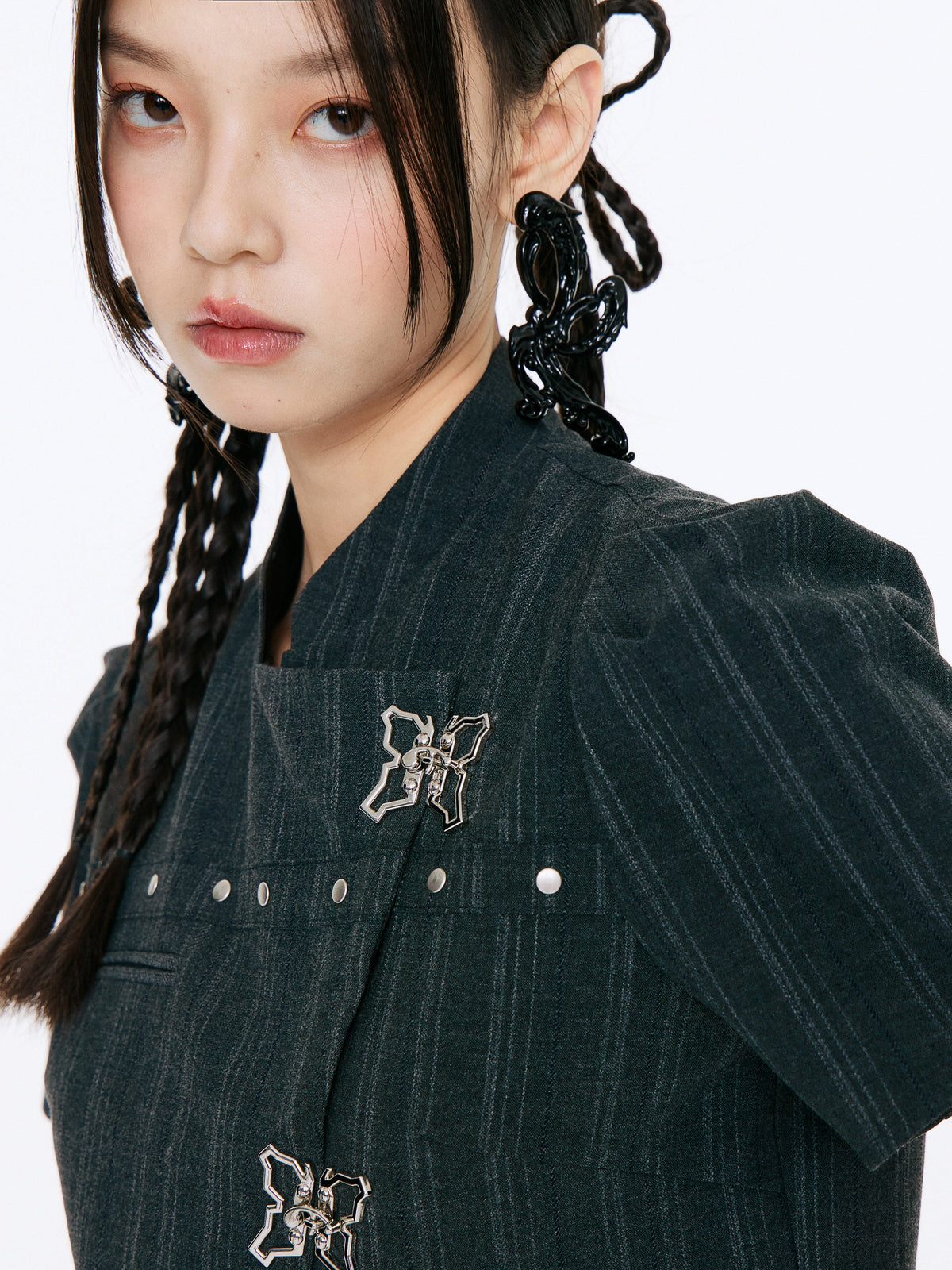 Bow Detail Pinstripe Cropped Shirt & Pleated Skirt Setup