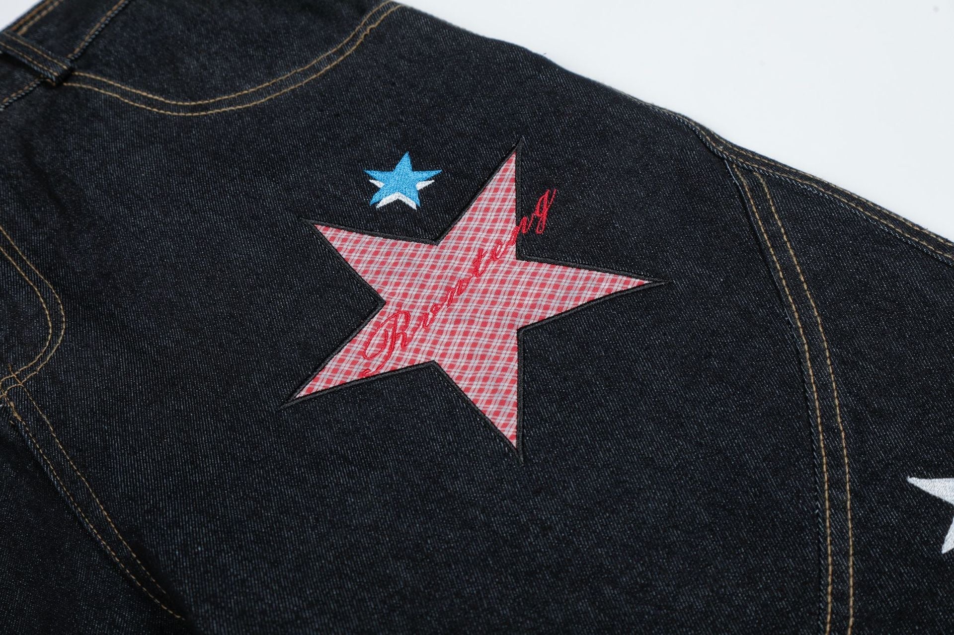 Star Patch Embroidery Denim Wide Leg Jort