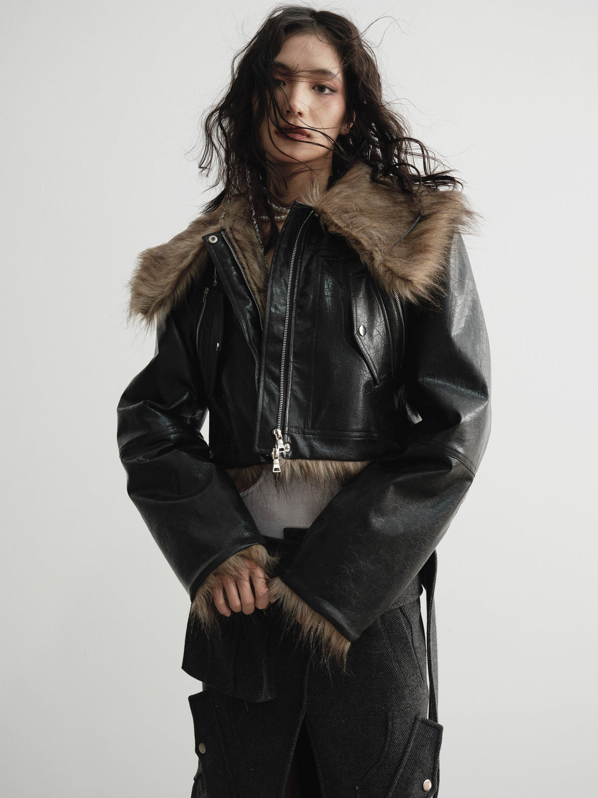 Reversible Fake Fur PU Leather Jacket