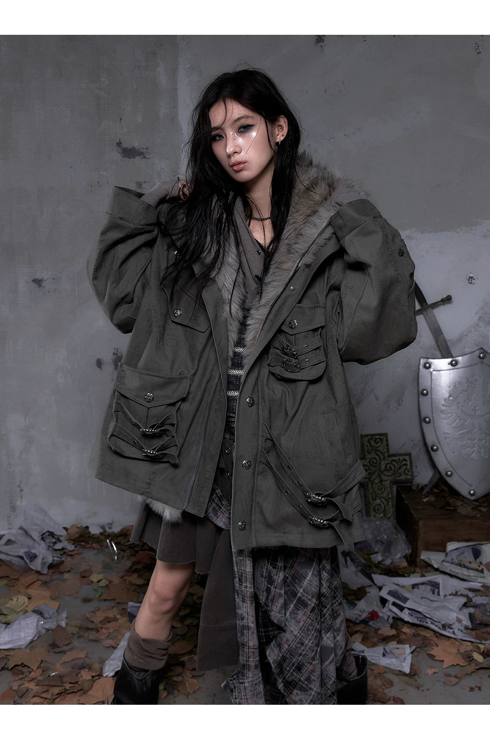 Fake Fur Hooded Multi-Pocket Buckle Detail Jacket