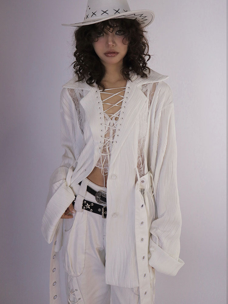 Ruched Textured Strap Detail Long Sleeve Shirt
