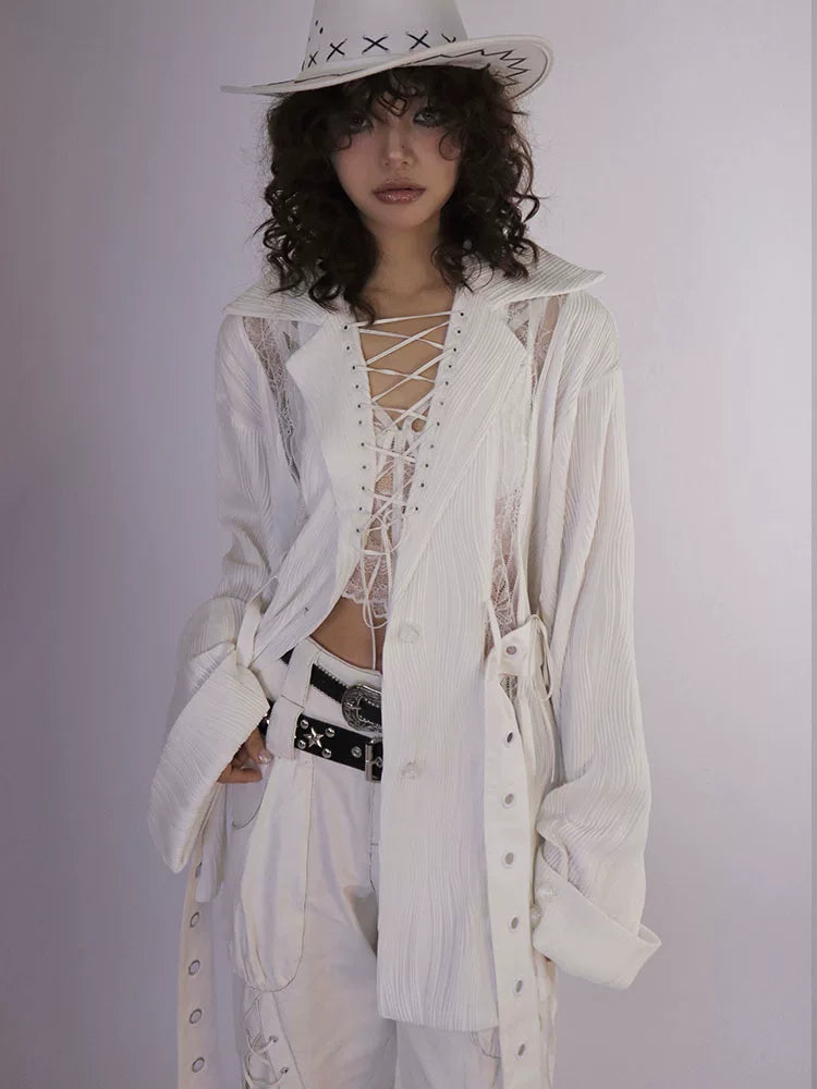 Ruched Textured Strap Detail Long Sleeve Shirt