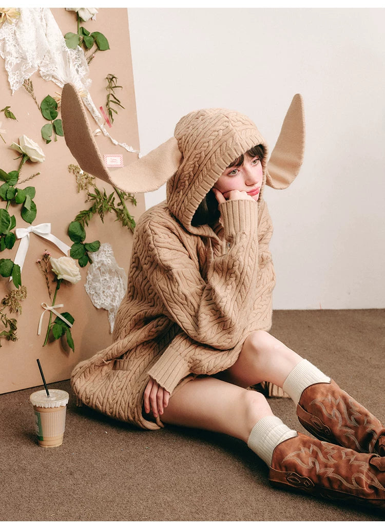 Bunny Hare Ear Hooded Zipper Knit Cardigan & Knit Skirt Setup