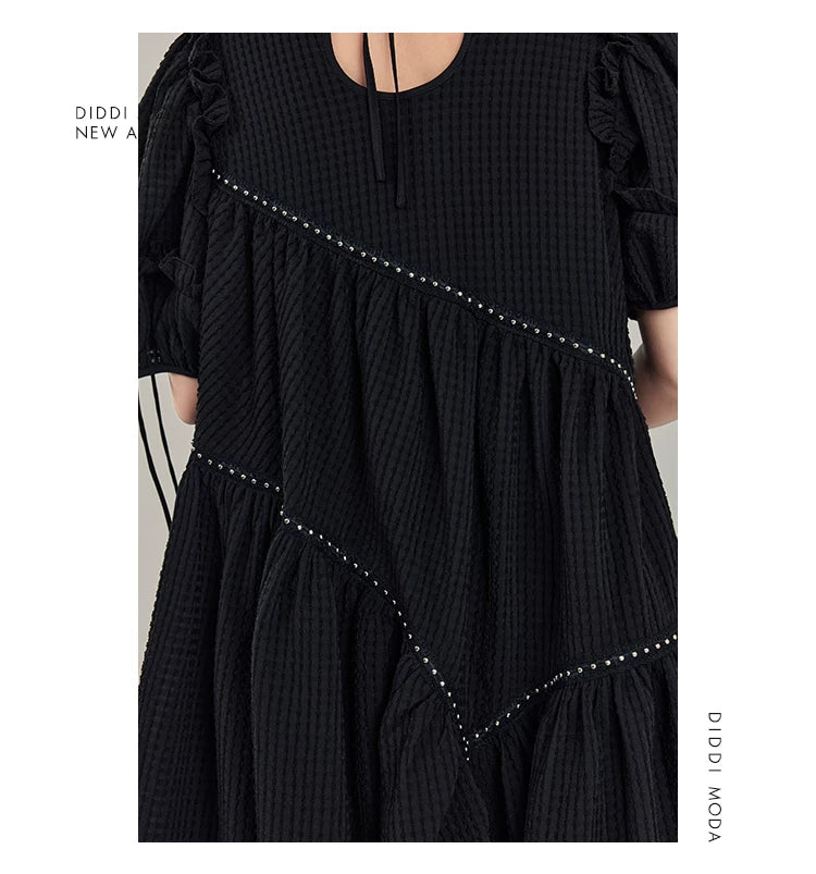 Jacquard Design Short Sleeve Dress With Irregular Hem Length