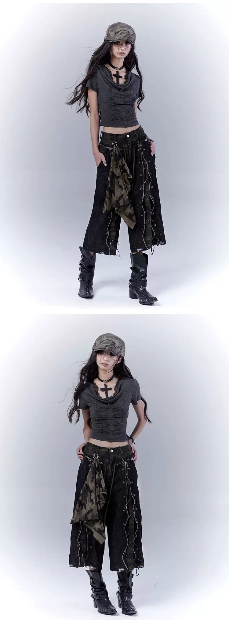 Camouflage Lace-Up Damage Cropped Denim Jeans & Scarf Set