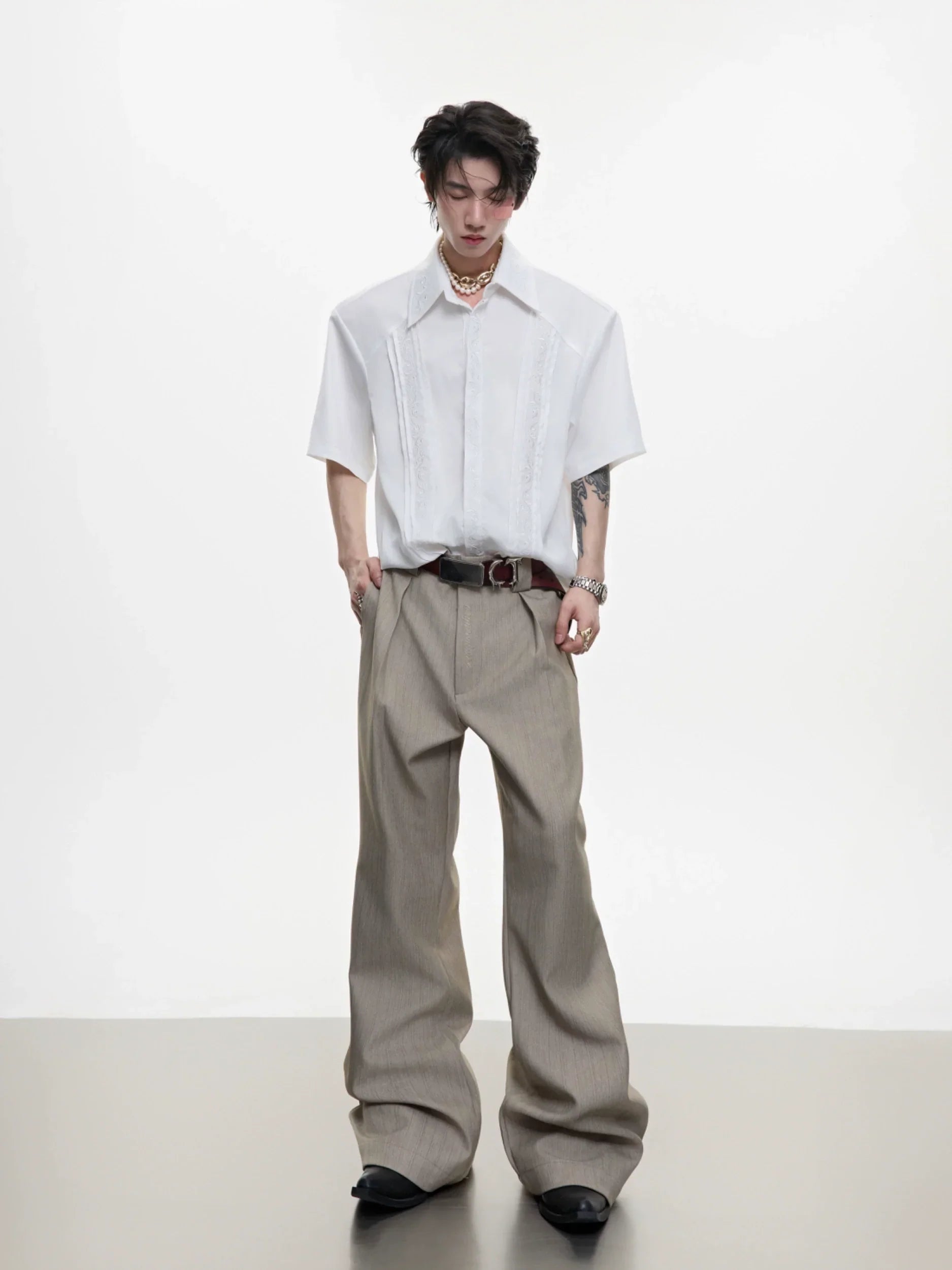 Embroidery Shoulder-Pad Short Sleeve Shirt