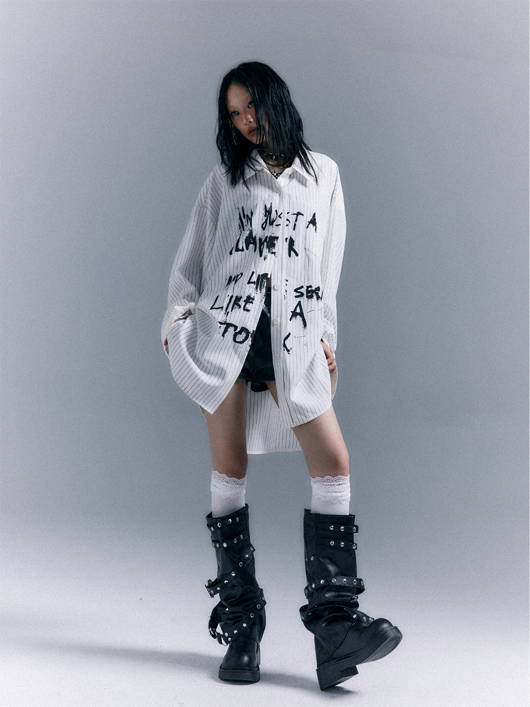 Graffiti Print Stripe Oversize Long Sleeve Shirt