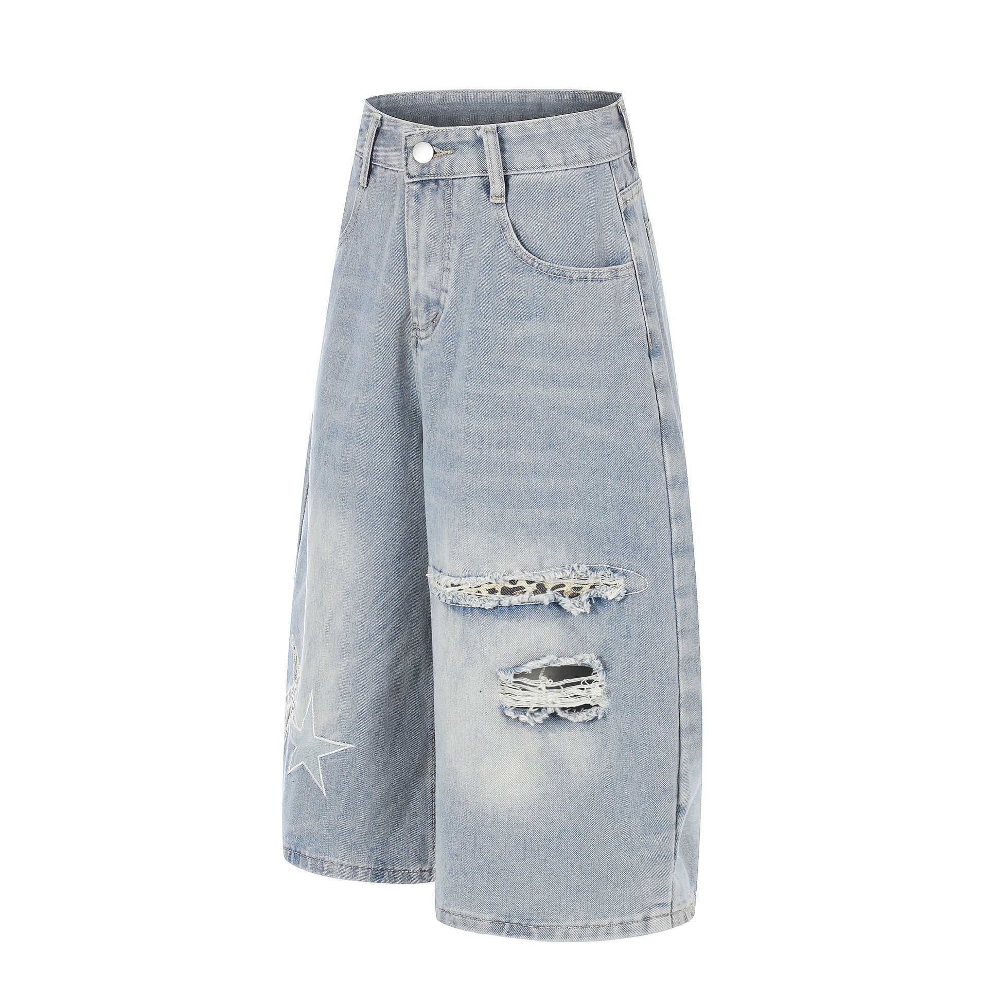 Star Patch Embroidery Curved Denim Jort