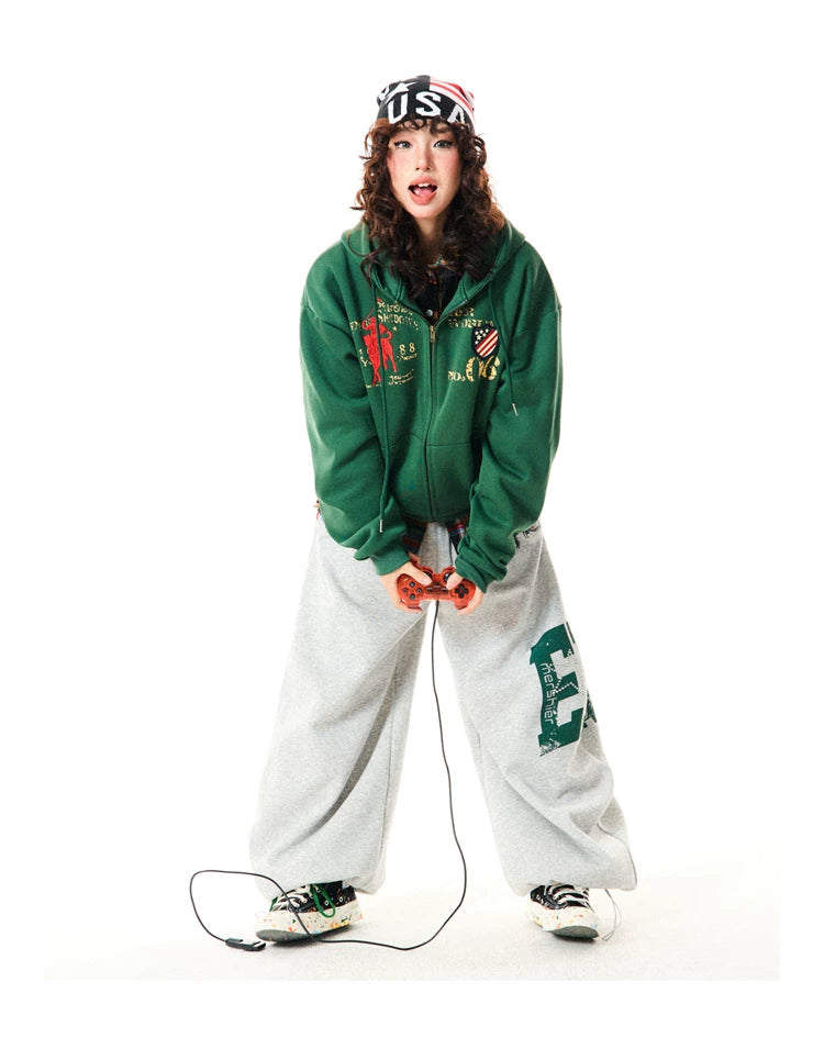 Letter Embroidery Washed Zipper Hoodie