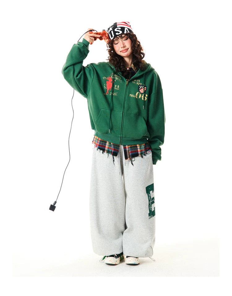 Letter Embroidery Washed Zipper Hoodie