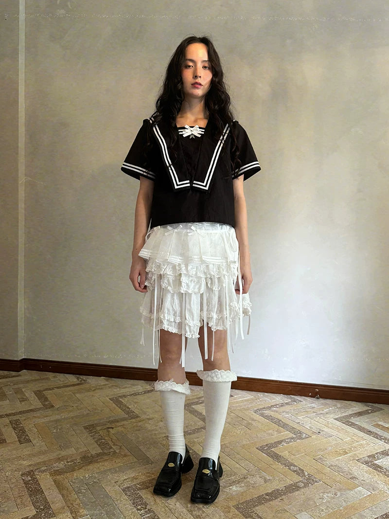 Bow Double-Layer Patchwork Half Skirt