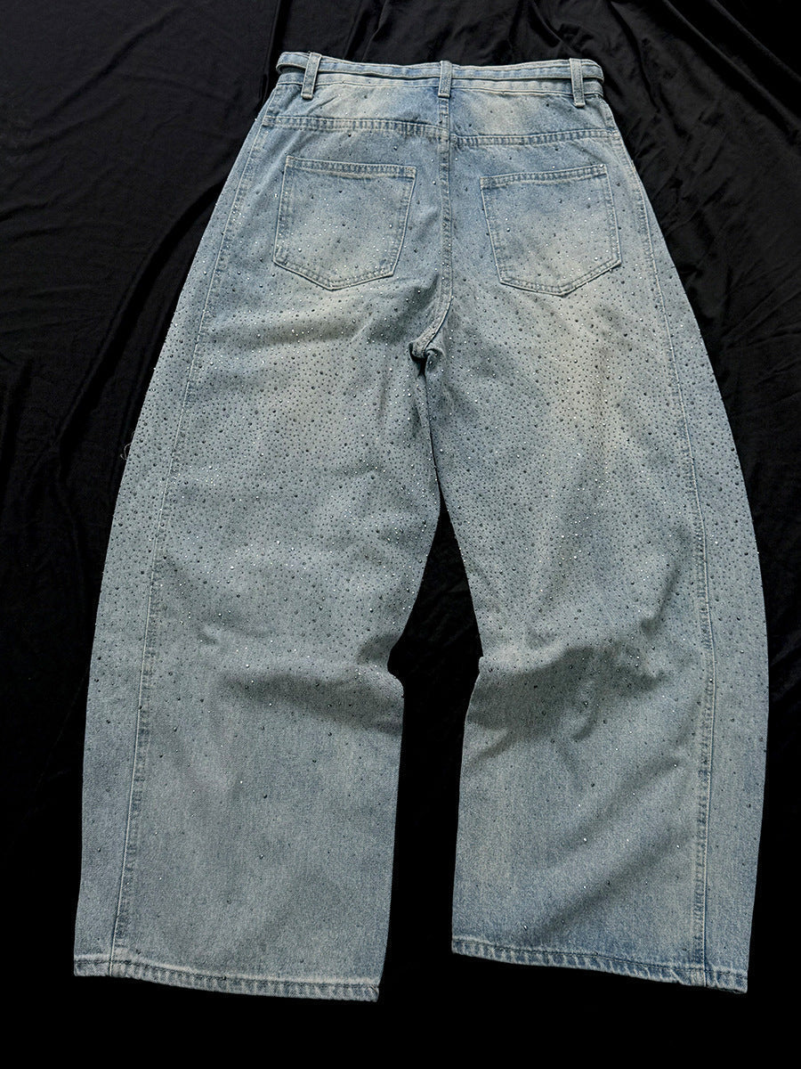 Rhinestone Drawstring Wide Leg Denim Jeans