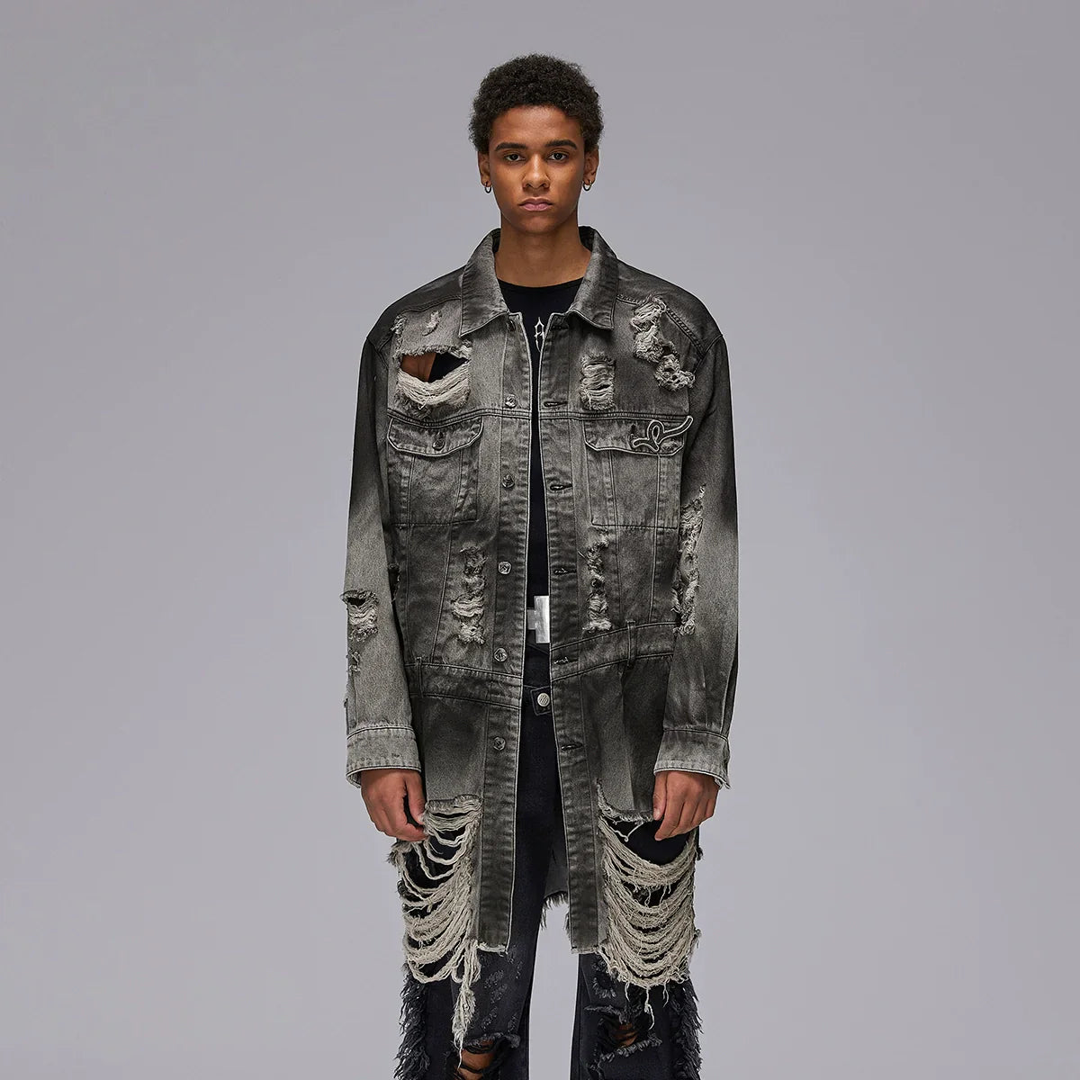 Damage Fringe Oversize Wash Long Sleeve Denim Shirt