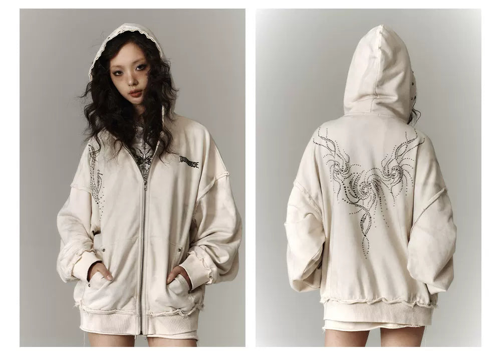 Washed Damage Oversize Zipper Hoodie & Short Skirt & Wide Leg Pants Setup
