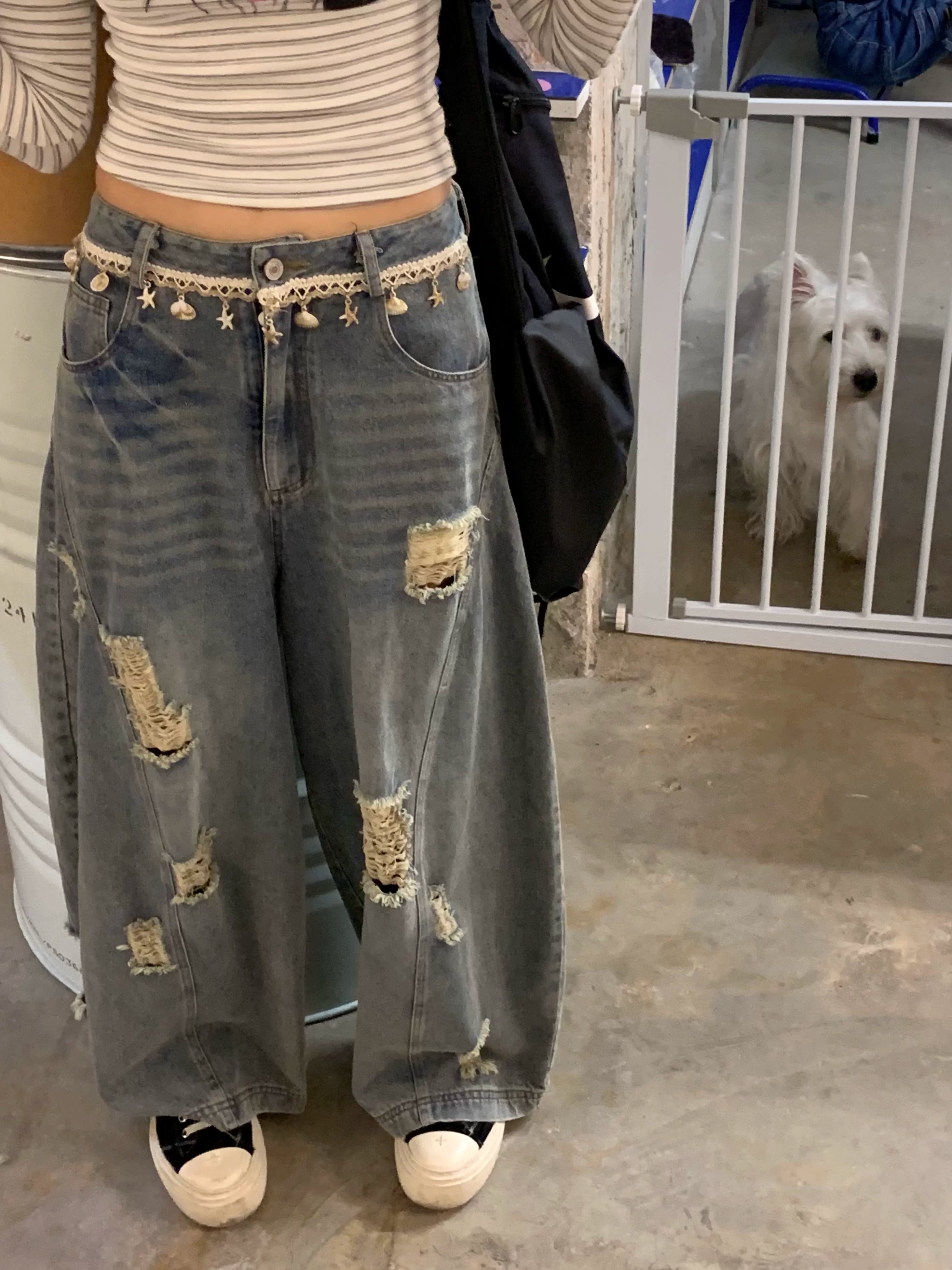 Washed Damage Wide Leg Shell Decoration Denim Jeans