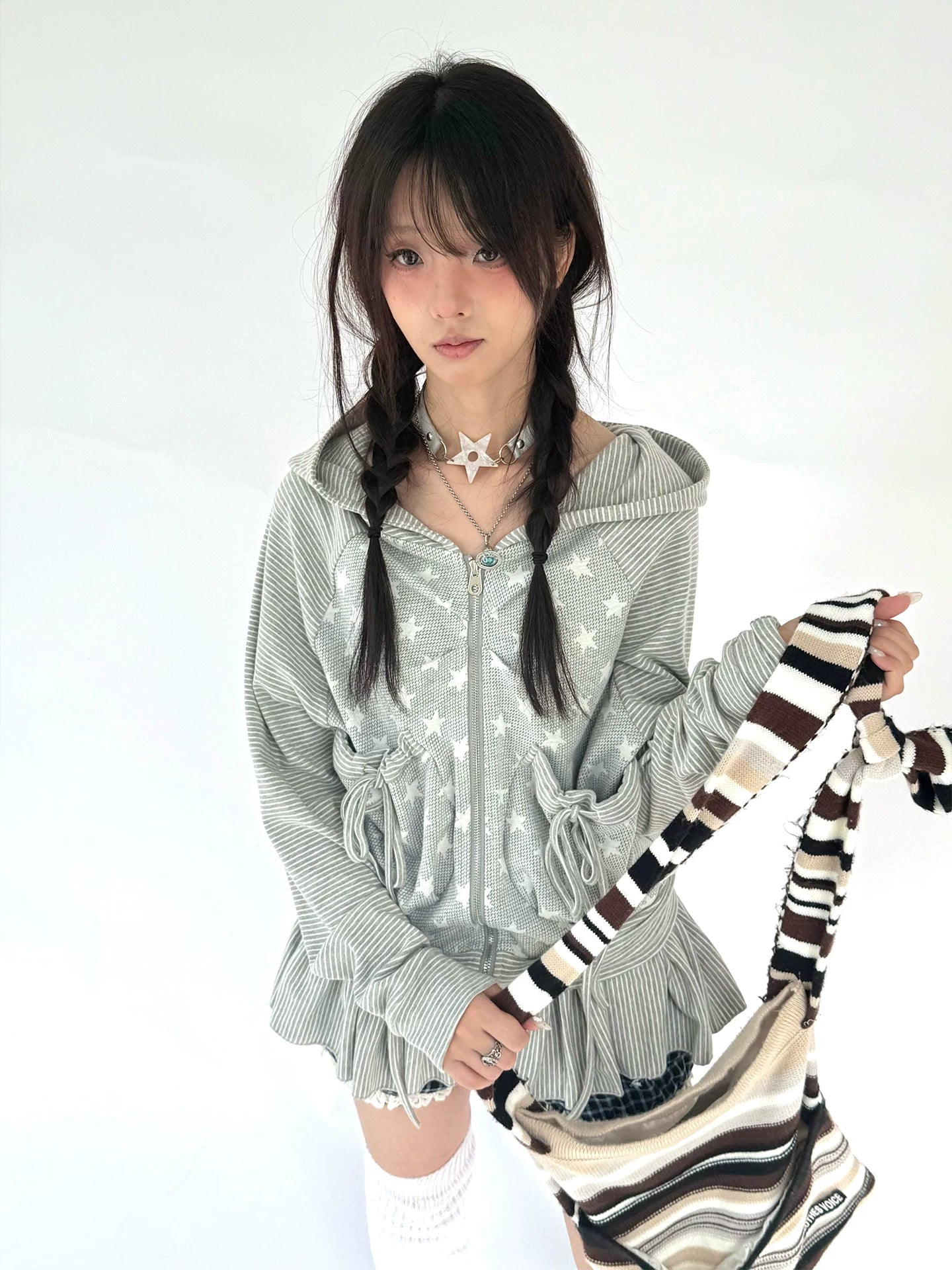 Striped Patchwork Hooded Drawstring Ruffle Jacket & Skirt Setup