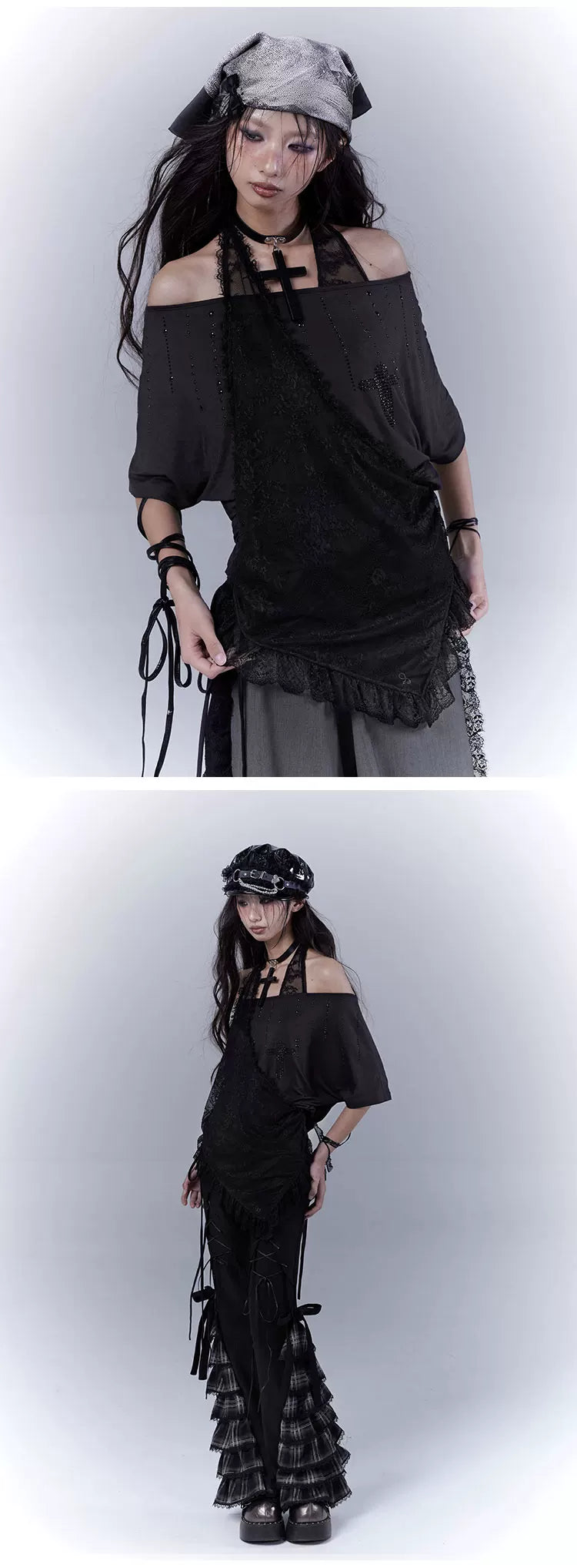 Lace Patchwork Halter Neck Rhinestone Oversize Short Sleeve T-Shirt