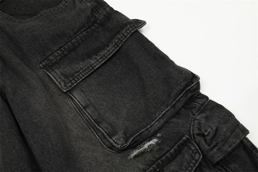 Distressed Denim Cargo Pants