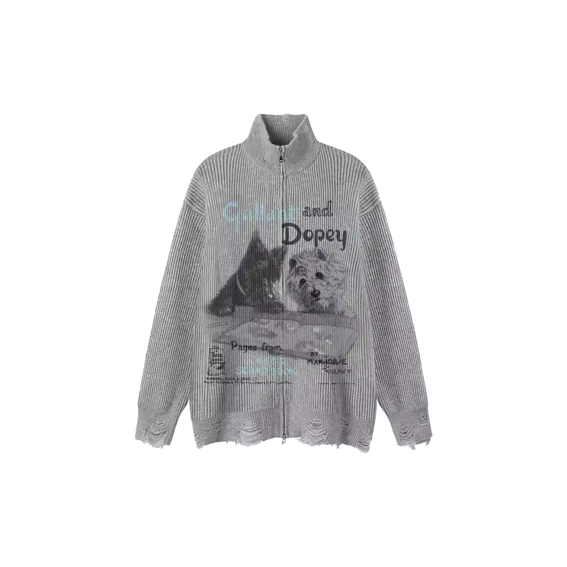Retro Ripped Puppy Print Sweater  