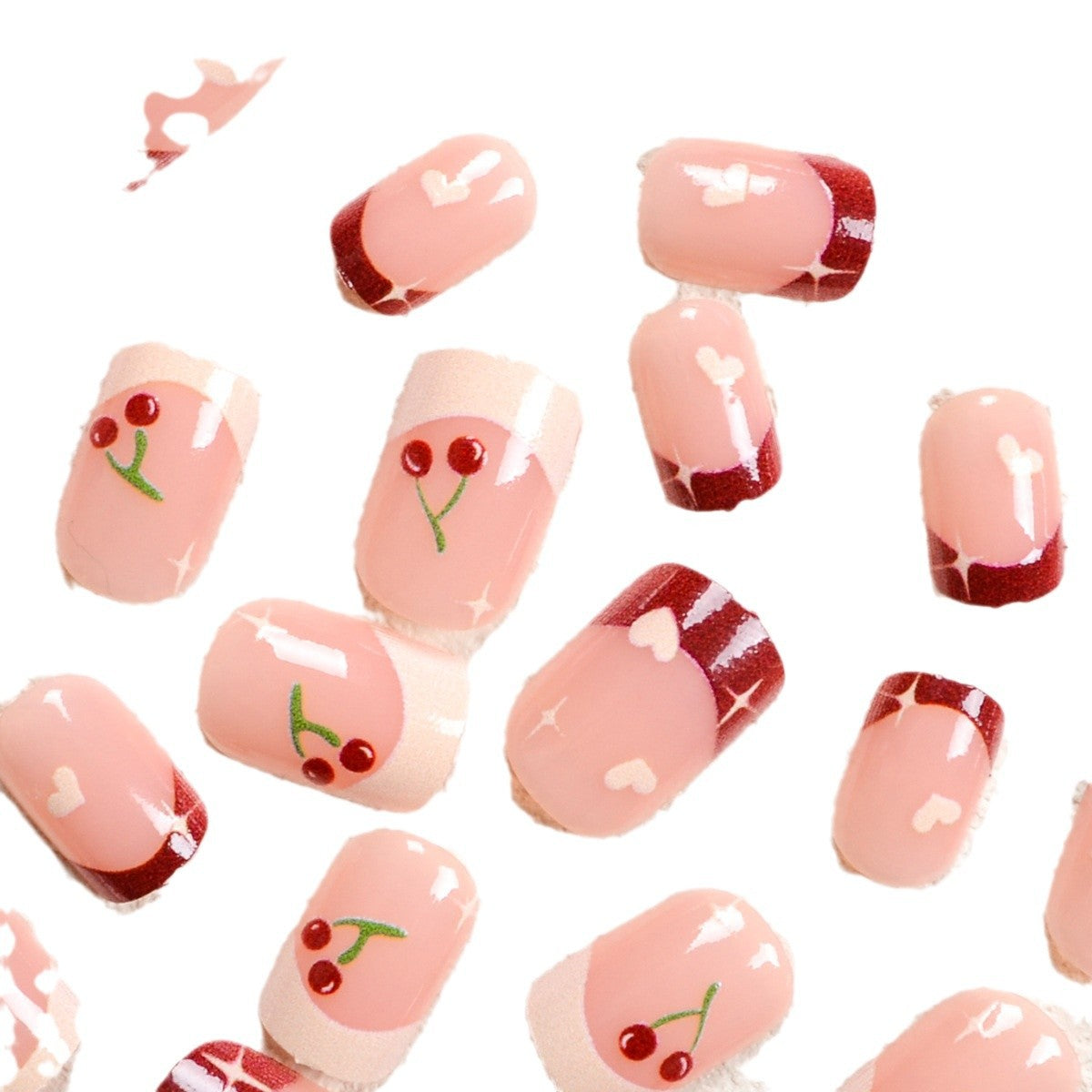 Europe and the United States wear nail Valentine's Day series light coffee color French red cherry nail patches and light coffee love fake nail patches