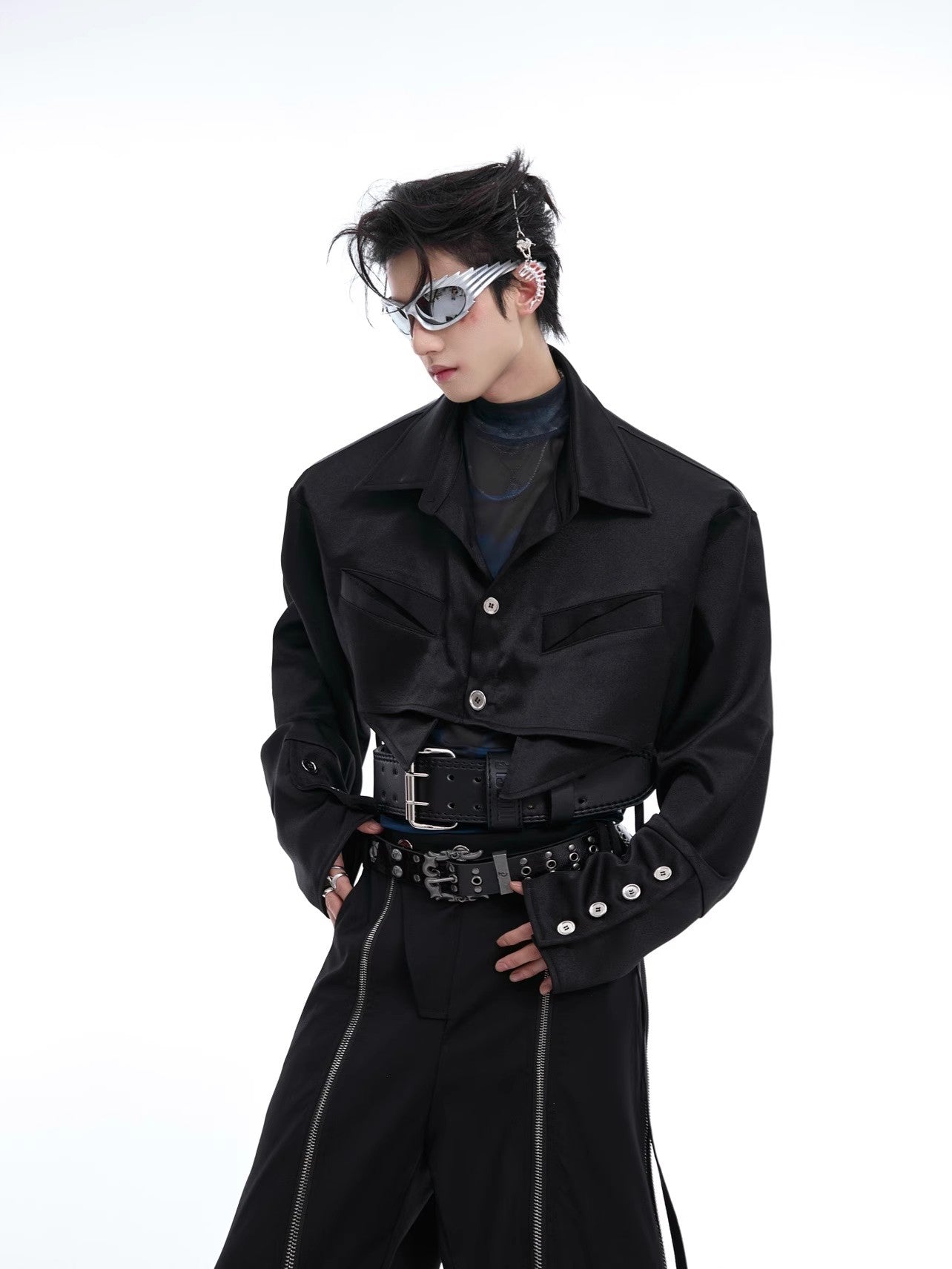 Shoulder Pad Cropped Long Sleeve Shirt