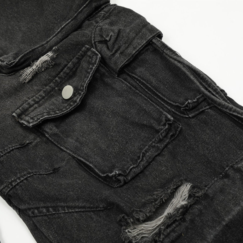 Distressed Denim Cargo Pants