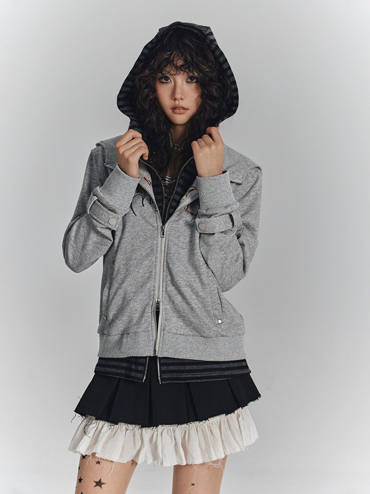 Embroidery Fake Layered Double Zipper Hoodie