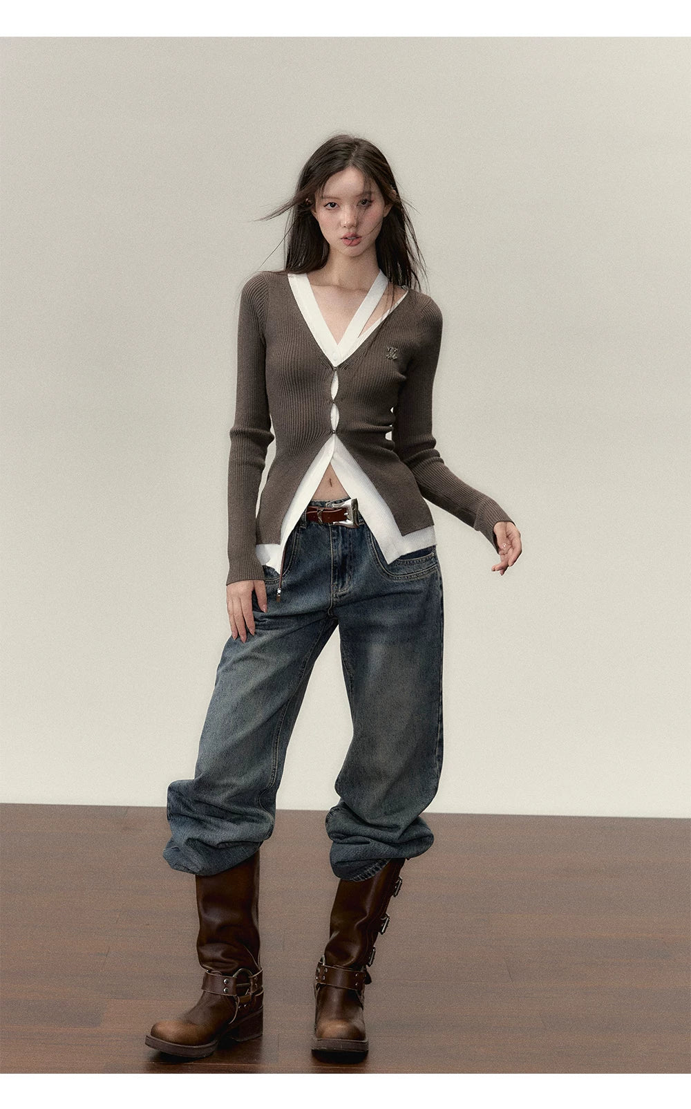 Fake Layered Long Sleeve Knit Cardigan