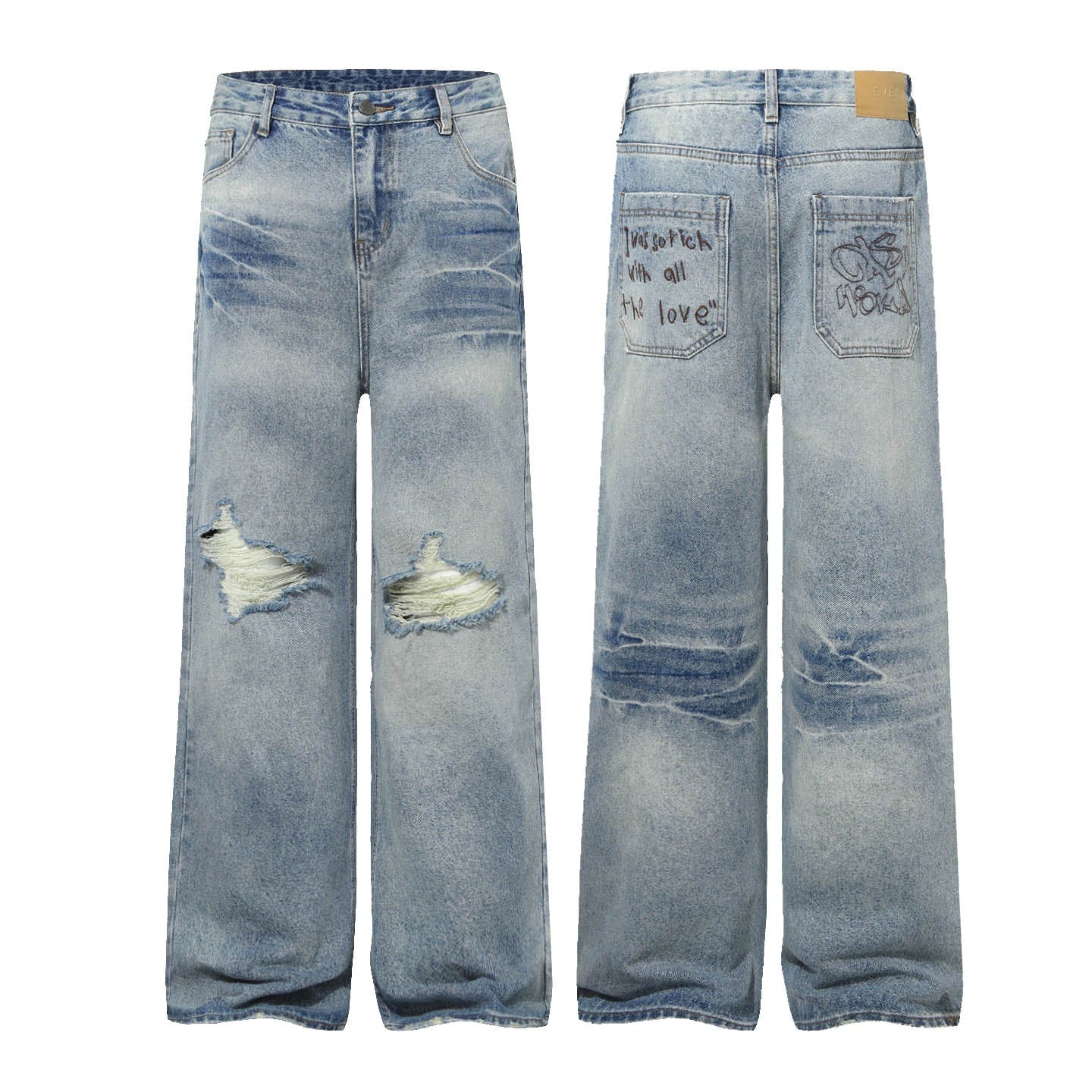 Washed Whisker Damage Wide Leg Denim Jeans