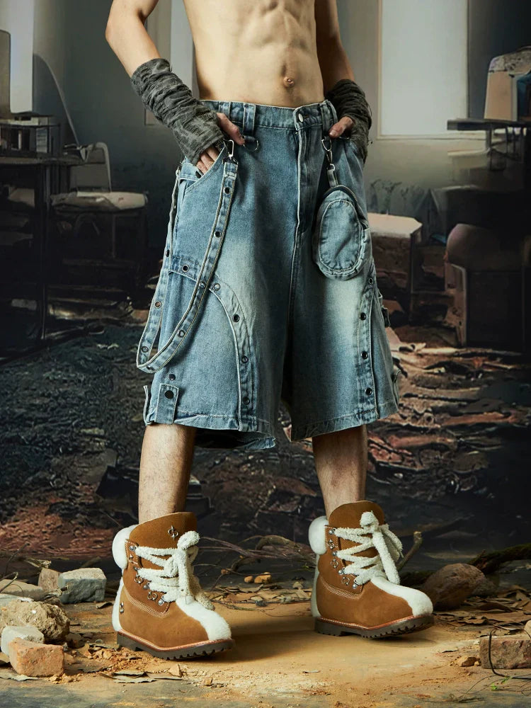 Deconstructed Patchwork Strap Denim Short