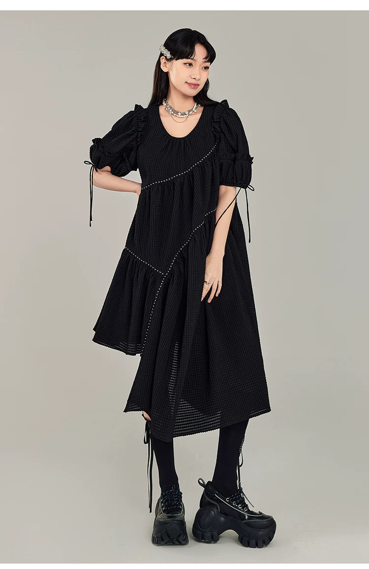 Jacquard Design Short Sleeve Dress With Irregular Hem Length