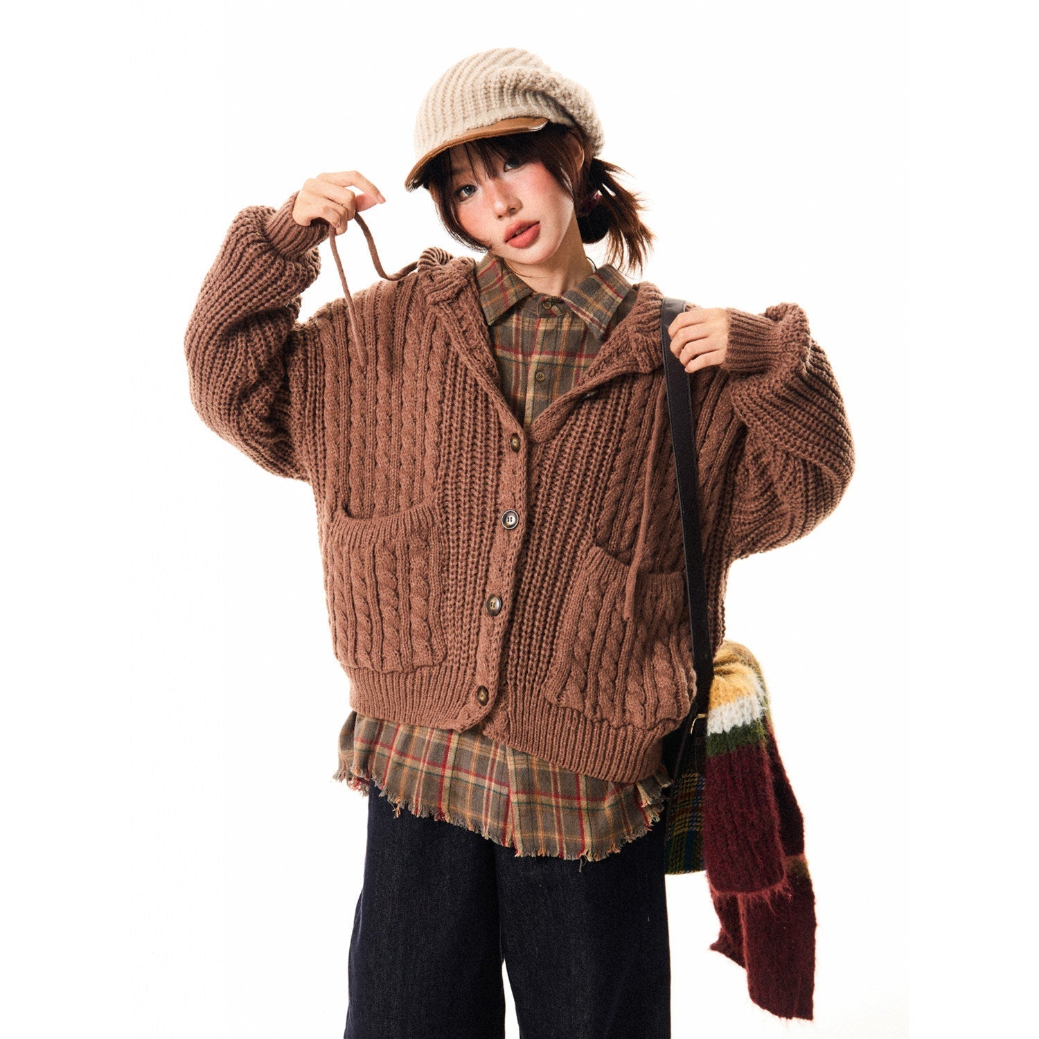 Hooded Button Oversize Cable Knit Cardigan