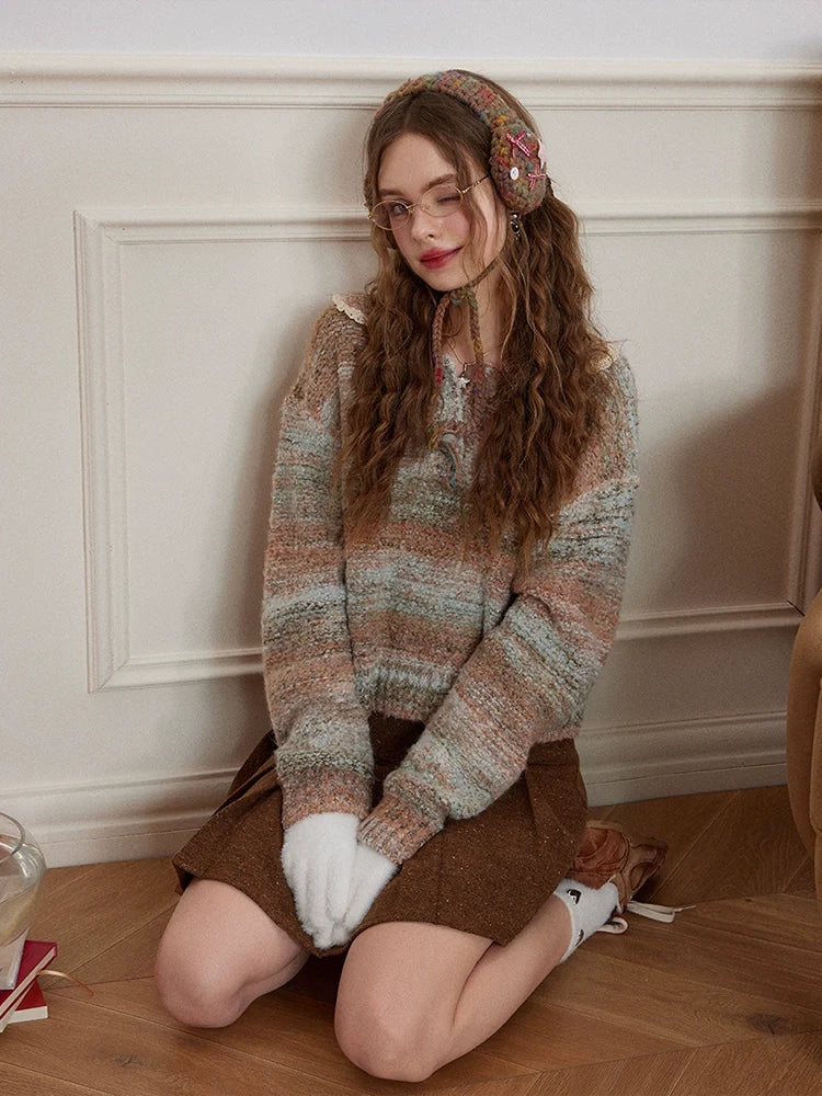 Lace Patchwork Stripe Knit Sweater