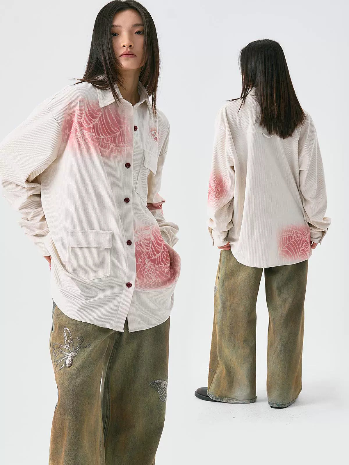 Pocket Design Corduroy Spray Print Long Sleeve Shirt